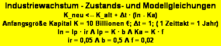 Textfeld: Industriewachstum - Zustands- und Modellgleichungen
K_neu <-- K_alt + Δt  (In - Ka)
Anfangsgre Kapital K = 10 Billionen ; Δt = 1; ( 1 Zeittakt = 1 Jahr) 
In = Ip  ir Λ Ip = K  b Λ Ka = K  f
ir = 0,05 Λ b = 0,5 Λ f = 0,02