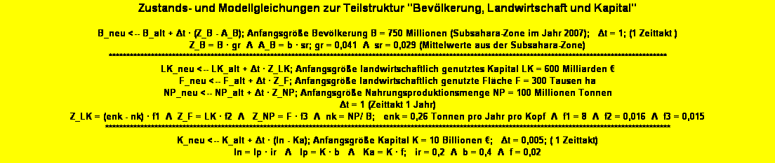 Textfeld: Zustands- und Modellgleichungen zur Teilstruktur "Bevlkerung, Landwirtschaft und Kapital" 

B_neu <-- B_alt + Δt  (Z_B - A_B); Anfangsgre Bevlkerung B = 750 Millionen (Subsahara-Zone im Jahr 2007);   Δt = 1; (1 Zeittakt )
Z_B = B  gr  Λ  A_B = b  sr; gr = 0,041  Λ  sr = 0,029 (Mittelwerte aus der Subsahara-Zone) 
***************************************************************************************************************************************************************
LK_neu <-- LK_alt + Δt  Z_LK; Anfangsgre landwirtschaftlich genutztes Kapital LK = 600 Milliarden    
F_neu <-- F_alt + Δt  Z_F; Anfangsgre landwirtschaftlich genutzte Flche F = 300 Tausen ha
NP_neu <-- NP_alt + Δt  Z_NP; Anfangsgre Nahrungsproduktionsmenge NP = 100 Millionen Tonnen
Δt = 1 (Zeittakt 1 Jahr) 
Z_LK = (enk - nk)  f1  Λ  Z_F = LK  f2  Λ   Z_NP = F  f3  Λ  nk = NP/ B;   enk = 0,26 Tonnen pro Jahr pro Kopf  Λ  f1 = 8  Λ  f2 = 0,016  Λ  f3 = 0,015 
*****************************************************************************************************************************************************************
K_neu <-- K_alt + Δt  (In - Ka); Anfangsgre Kapital K = 10 Billionen ;   Δt = 0,005; ( 1 Zeittakt)
In = Ip  ir   Λ   Ip = K  b   Λ   Ka = K  f;   ir = 0,2  Λ  b = 0,4  Λ  f = 0,02