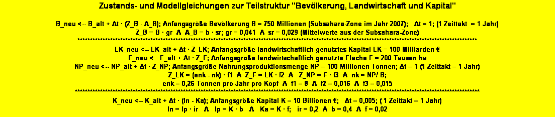 Textfeld: Zustands- und Modellgleichungen zur Teilstruktur "Bevlkerung, Landwirtschaft und Kapital" 

B_neu <-- B_alt + Δt  (Z_B - A_B); Anfangsgre Bevlkerung B = 750 Millionen (Subsahara-Zone im Jahr 2007);   Δt = 1; (1 Zeittakt  = 1 Jahr)
Z_B = B  gr  Λ  A_B = b  sr; gr = 0,041  Λ  sr = 0,029 (Mittelwerte aus der Subsahara-Zone) 
***************************************************************************************************************************************************************
LK_neu <-- LK_alt + Δt  Z_LK; Anfangsgre landwirtschaftlich genutztes Kapital LK = 100 Milliarden    
F_neu <-- F_alt + Δt  Z_F; Anfangsgre landwirtschaftlich genutzte Flche F = 200 Tausen ha
NP_neu <-- NP_alt + Δt  Z_NP; Anfangsgre Nahrungsproduktionsmenge NP = 100 Millionen Tonnen; Δt = 1 (1 Zeittakt = 1 Jahr) 
Z_LK = (enk - nk)  f1  Λ  Z_F = LK  f2  Λ   Z_NP = F  f3  Λ  nk = NP/ B;   
enk = 0,26 Tonnen pro Jahr pro Kopf  Λ  f1 = 8  Λ  f2 = 0,016  Λ  f3 = 0,015 
*****************************************************************************************************************************************************************
K_neu <-- K_alt + Δt  (In - Ka); Anfangsgre Kapital K = 10 Billionen ;   Δt = 0,005; ( 1 Zeittakt = 1 Jahr)
In = Ip  ir   Λ   Ip = K  b   Λ   Ka = K  f;   ir = 0,2  Λ  b = 0,4  Λ  f = 0,02