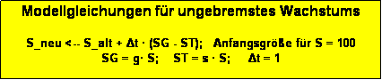 Textfeld: Modellgleichungen fr ungebremstes Wachstums

S_neu <-- S_alt + Δt  (SG - ST);   Anfangsgre fr S = 100
SG = g S;    ST = s  S;     Δt = 1