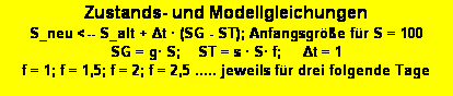 Textfeld: Zustands- und Modellgleichungen 
S_neu <-- S_alt + Δt  (SG - ST); Anfangsgre fr S = 100
SG = g S;    ST = s  S f;     Δt = 1
f = 1; f = 1,5; f = 2; f = 2,5 ..... jeweils fr drei folgende Tage