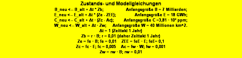 Textfeld: Zustands- und Modellgleichungen
B_neu <-- B_alt + Δt * Zb;                  Anfangsgröße B = 7 Milliarden;   
E_neu <-- E_alt + Δt * (Ze - ZEE);               Anfangsgröße E = 18 GWh;  
C_neu <-- C_alt + Δt · (Zc - Ac);        Anfangsgröße C =3,81 · 10² ppm; 
W_neu <-- W_alt + Δt · Zw;     Anfangsgröße W = 40 Millionen km^2.
Δt = 1 (Zeittakt 1 Jahr) 
Zb = r · B; r = 0,01 (daher Zeittakt 1 Jahr) 
Ze = fe · B; fe = 0,01    ZEE = feE · E; feE= 0,1
Zc = fc · E; fc = 0,005    Ac = fw · W; fw = 0,001 
Zw = rw · B; rw = 0,01
