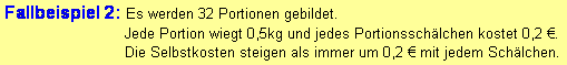 Textfeld: Fallbeispiel 2: Es werden 32 Portionen gebildet. 
                           Jede Portion wiegt 0,5kg und jedes Portionsschlchen kostet 0,2 .
                           Die Selbstkosten steigen als immer um 0,2  mit jedem Schlchen.
