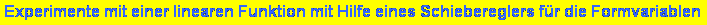 Textfeld: Experimente mit einer linearen Funktion mit Hilfe eines Schiebereglers fr die Formvariablen  