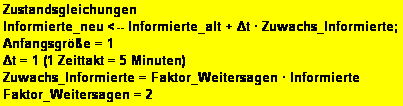 Textfeld: Zustandsgleichungen
Informierte_neu <-- Informierte_alt + Δt  Zuwachs_Informierte; 
Anfangsgre = 1 
Δt = 1 (1 Zeittakt = 5 Minuten)
Zuwachs_Informierte = Faktor_Weitersagen  Informierte
Faktor_Weitersagen = 2