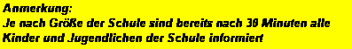 Textfeld: Anmerkung: 
Je nach Gre der Schule sind bereits nach 30 Minuten alle Kinder und Jugendlichen der Schule informiert