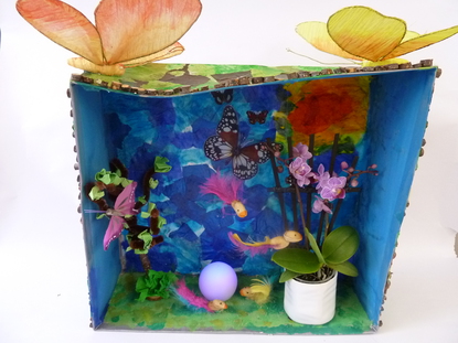 Unser Objekt stellt den farbenfrohen Dschungel dar. Die Schachtel haben wir mit Krepppapier bekleistert. Die Vgel, die in der Luft schweben und auf dem Boden sitzen, haben wir aus Pistazienschalen gebastelt.