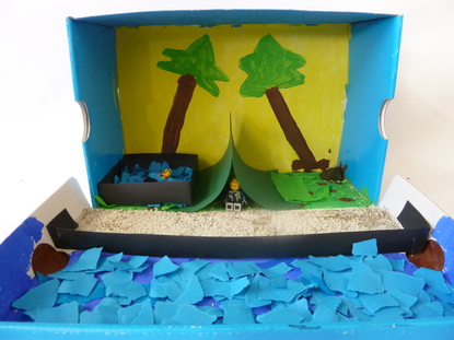 Ich kam auf den Gedanken, als ich ein Glas Wasser trank. Dazu fiel mir eine Oase ein, die natrlich gut zu meinem Sachbuch ber die Wste passt. Ich habe Papier, Karton und Kreppapier benutzt und habe Legomnnchen in verschiedenen Situationen dargestellt.