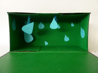 Mein Objekt stellt den Regenwald dar. Innen habe ich aus blauem Papier Regentropfen ausgeschnitten und aufgeklebt. Zwei hngen von oben mit einer Hexenleiter herunter.