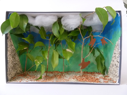 Fr den Hintergrund habe ich die Farben grn und blau verwendet, weil der Regenwald aus vielen Baum- und Pflanzenarten besteht, feucht und voller Leben ist.