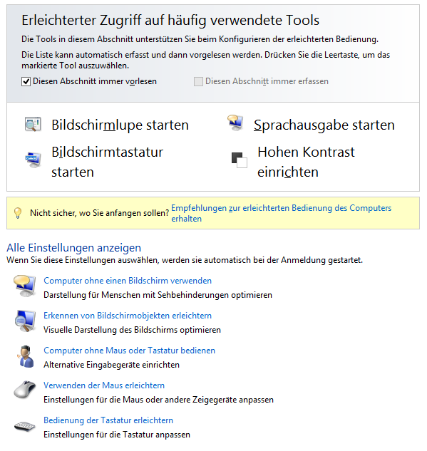 Center für erleichterte Bedienung
