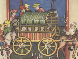 Jakob auf dem Weg nach Ägypten (Ausschnitt); Buchmalerei aus der Weltchronik des Rudolf von Ems (Toggenburg-Bibel, um 1411). Aus Praxis Geschichte 3/2001, S. 14.