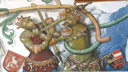 Kampf zwischen Rudolf von Habsburg und Ottokar von B&ouml;hmen (Schloss Tratzberg, Habsburgerstammbaum) (Foto A. Prock)