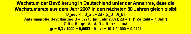 Textfeld: Wachstum der Bev�lkerung in Deutschland unter der Annahme, dass die Wachstumsrate aus dem Jahr 2007 in den n�chsten 30 Jahren gleich bleibt
B_neu <-- B_alt + Δt � (Z_B - A_B)
Anfangsgr��e Bev�lkerung B = 82218 (im Jahr 2007); Δt = 1; (1 Zeittakt = 1 Jahr)
Z_B = B � gr   Λ   A_B = B � sr     und     
gr = 8,3 / 1000 = 0,0083   Λ   sr = 10,1 / 1000 = 0,0101 